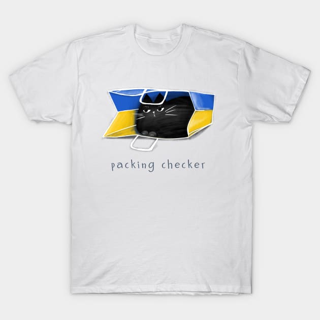 Cartoon black cat in the package and the inscription "Packing Checker". T-Shirt by MakitsuNeko